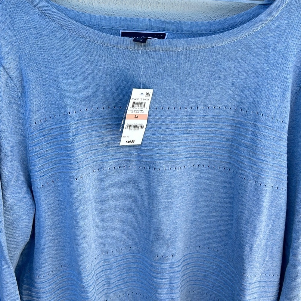 NWT Woman’s Karen Scott Pointelle Sweater Light Heather Blue Plus Size 2X - Picture 2 of 6